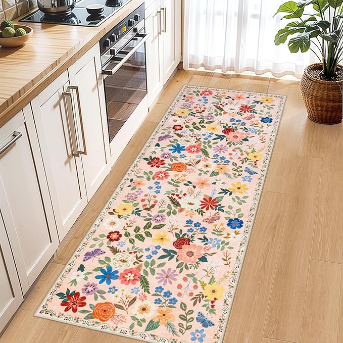 Runner Rug for Entryway: 2x6 Kitchen Rugs Non Slip Washable Ultra-Thin Soft Floral Carpet Indoor Floor Stain Resistant Carpets for Hallway Bedroom Kitchen Laundry Bathroom Dorm Beige