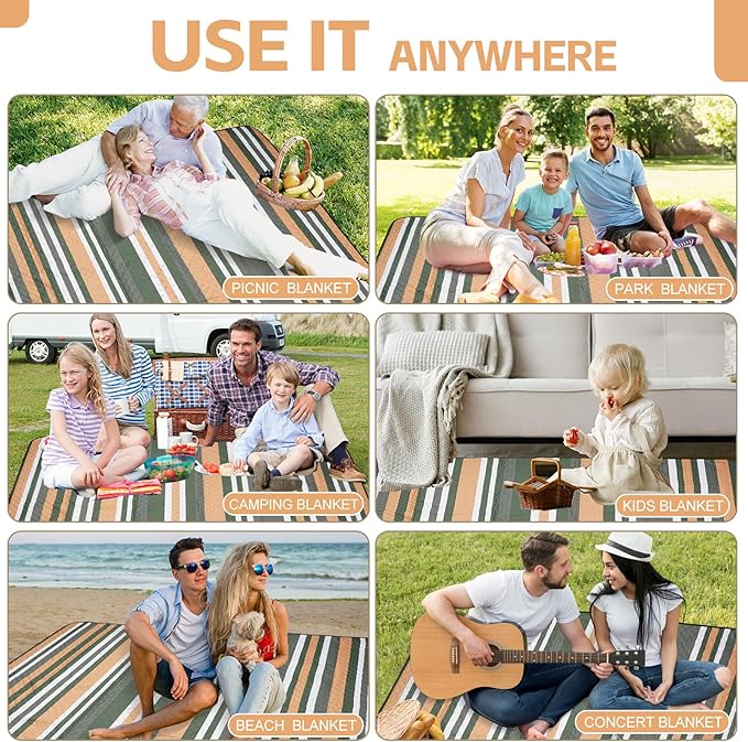Picnic Blankets Outdoor Extra Large - 80"x80" Waterproof Beach Blanket, Machine Washable 3-Layer Foldable Park Mat with Sandproof Backing for Grass, Hiking, Travel, Concerts, Indoor (Orange)