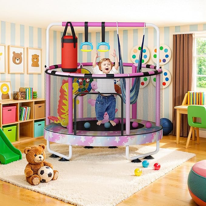 LAMERGE 55" 7-in-1 Round Trampoline for Kids Boys & Girls Ages 1-8, Indoor & Outdoor Trampoline for Fun, Adjustable Height Handrail ＆ Enclosed Safety Net ＆ Durable Designs for Toddlers Children