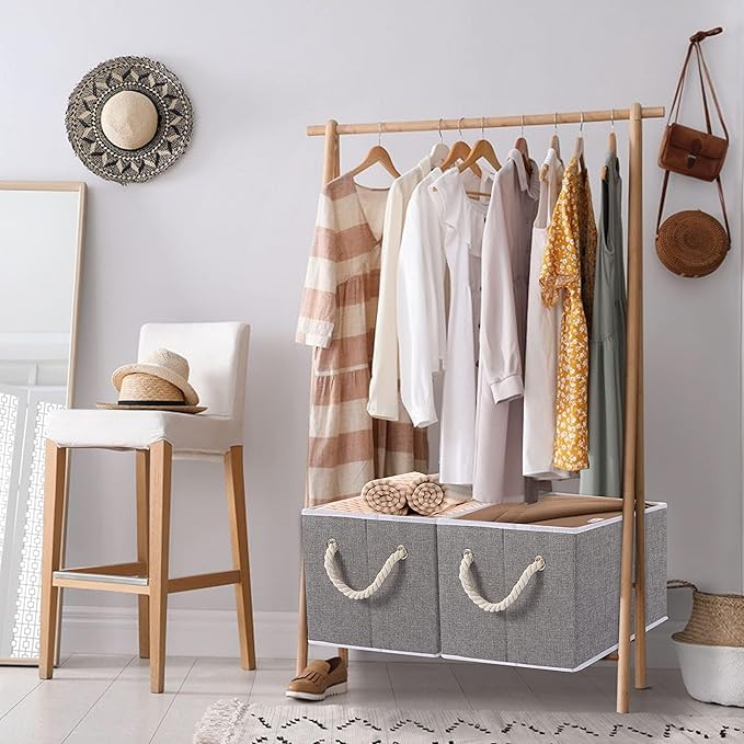 Yawinhe Collapsible Storage Bins 1-Pack, Large Fabric Baskets with Rope Handle, Organizers for Shelves, Closets, Clothes, 16.53''Lx11.81''Wx10.23''H, Grey