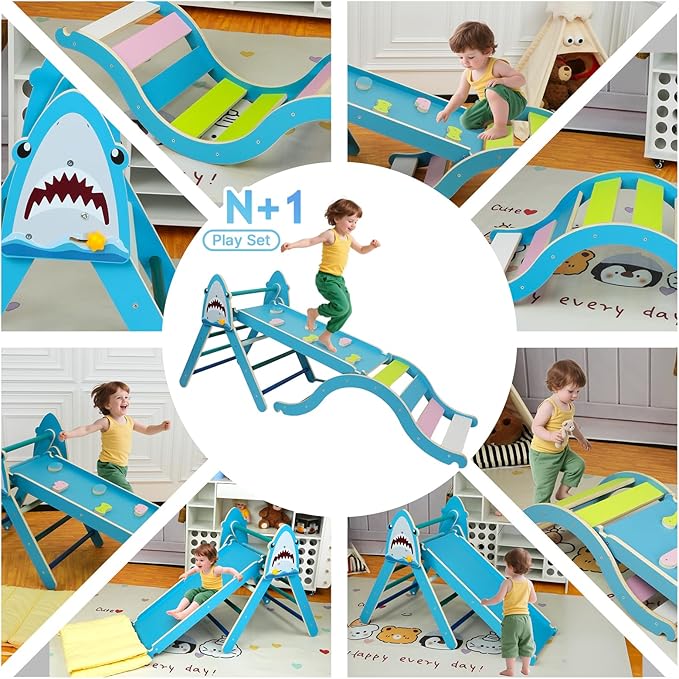 Pikler Triangle Set, Climbing Toys for Toddlers 1-3 Inside with Cushion,9 in 1 Toddler Climbing Toys Indoor, Montessori Foldable Wooden Pikler Triangle Set for Kids 1-3，Gift for Boys and Girls