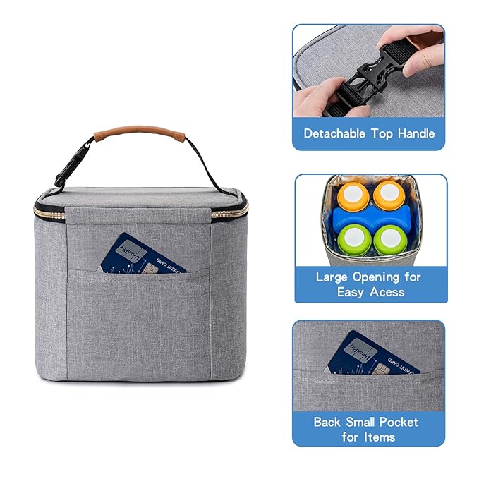 Breast Milk Cooler Bag with Ice Pack Fits 4 Large Baby Bottles Up to 5 Ounce, Baby Bottle Cooler Bag Great for Nursing Mom Daycare, Grey