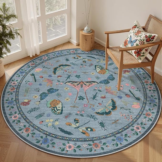 6ft Washable Round Rug - Bug Rugs for Living Room Non-Slip Low Pile Soft Ultra-Thin Machine Washable Circle Carpet for Bedroom, Entryway, Nursery, Kitchen, Home Office (6' Round Blue)