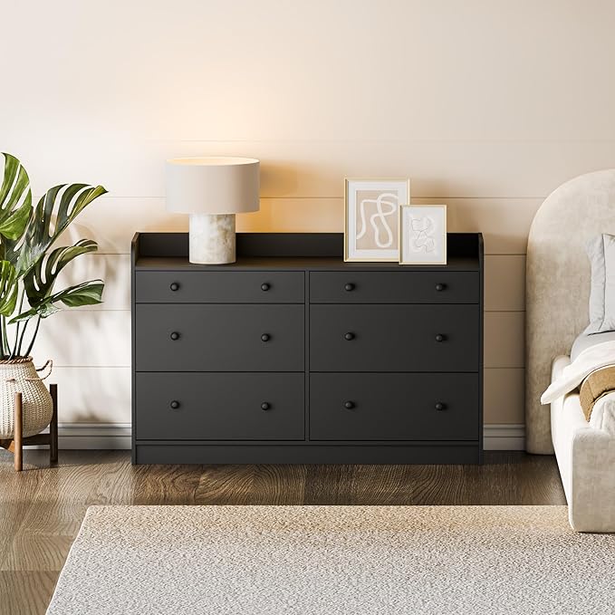 Cozy Castle Baby Dresser with 6 Drawers and Large Table Top, Multi-Functional Chest of Drawer, Drawer Dresser with Three-Sided High Rails for Nursery, Children's Room, Bedroom, Black