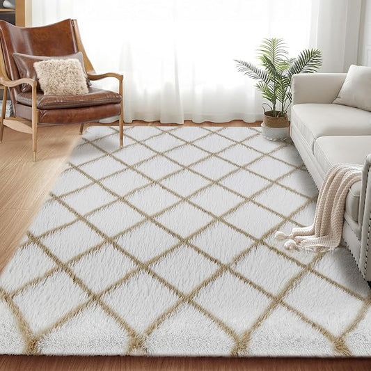 Fluffy Rug for Bedroom, 6X9Feet Stripe Checkered Rug Anti-Skid High Pile for Living Room Bedroom Kids Room Nursery, Dorm Home Decor