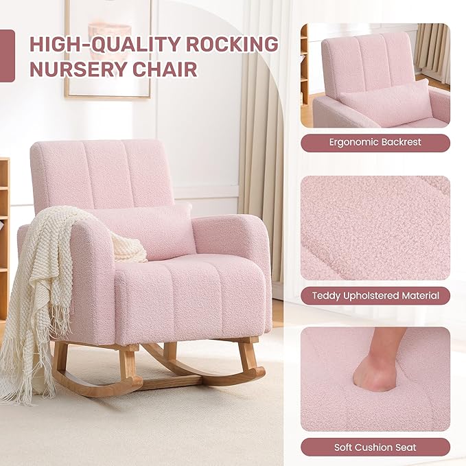 Rocking Chair with Ottoman, Upholstered Nursing Glider Rocker with High Backrest and Side Pocket, Comfy Reading Chair with Solid Wood Legs for Nursery/Living Room/Bedroom Pink