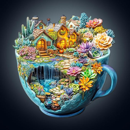 WOODBESTS Wooden Puzzles for Adults, Succulent Mug Wood Puzzles Adult(250 Pieces, L, 13.4 * 13.3in), Unique Shape Wooden Animal Jigsaw Puzzles, Birthday Gifts for Adults Family Game
