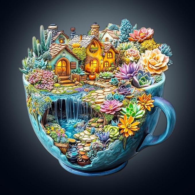 WOODBESTS Wooden Puzzles for Adults, Succulent Mug Wood Puzzles Adult(100 Pieces, S, 8.5 * 8.4in), Unique Shape Wooden Animal Jigsaw Puzzles, Birthday Gifts for Adults Family Game