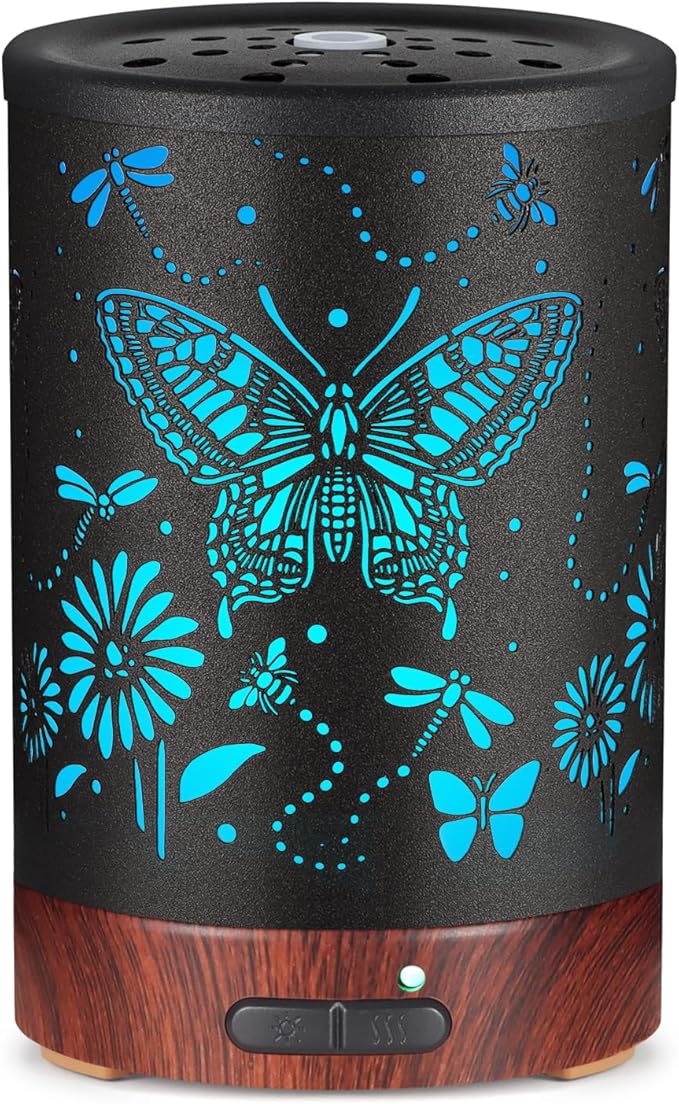 Metal Essential Oils Diffuser 150ML Christmas Aromatherapy Diffuser Cool Mist Humidifier with 7 Colors Lights Waterless Auto Off Air Diffusers as Gifts for Mom(Butterfly)