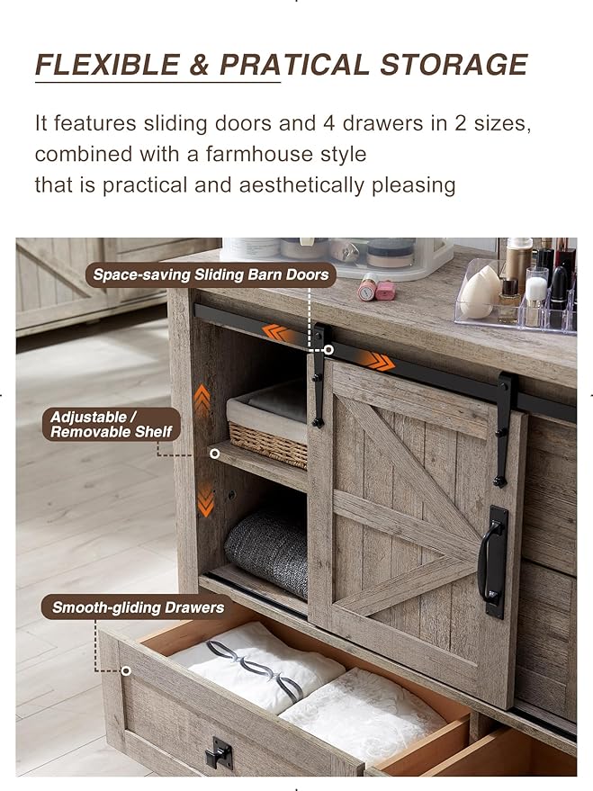 T4TREAM 48'' Farmhouse Dresser for Bedroom w/4 Drawers & Sliding Barn Doors, Tall Chest of Drawers, Rustic Dresser TV Stand w/Shelf, Organizer for Bedroom, Living Room, Foyer,Light Rustic Oak