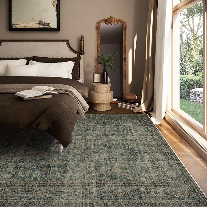 Washable Living Room Area Rug: 8x10 Rugs for Bedroom Vintage Stain Resistant Non Slip Low Pile Lightweight Boho Carpet for Kitchen Dining Room Farmhouse Kids Room Nursery