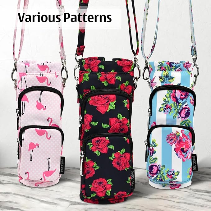 Betsey Johnson Insulated Water Bottle Pouch Holder Carrier Crossbag with Adjustable Shoulder Strap - Lightweight Polyester Accessories with Pockets Good for Hiking Sports