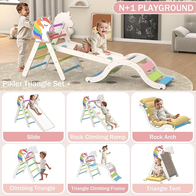Pikler Triangle Set with Cushion, 9 in 1 Toddler Climbing Toys Indoor, Montessori Foldable Wooden Climbing Toys for Toddlers 1-3 Inside，Pikler Triangle Set Jungle Gyms Playground for Children