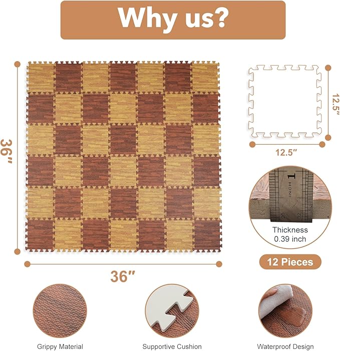 Skyweaver 36 Tiles Soft Non-Toxic Baby Play Mat for Floor EVA Foam Jigsaw Puzzle Play Mat, Interlocking Squares with 0.6inch for Babies, Toddlers & Kids Gym, Nursery, Playroom, Brown