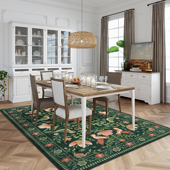 Moynesa Boho Bird 5x7 Area Rugs for Living Room, Washable Green Rug Jungle Floral Bedroom Rug, Low-Pile Soft Vintage Floor Carpet Non-Slip for Dining Room Playrom Living Room