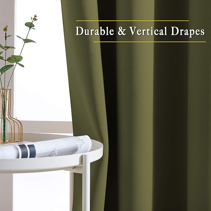 NICETOWN Bedroom Room Darkening Curtains 95 inch Length - Triple Weave Energy Saving Thermal Insulated Solid Grommet Room Darkening Draperies for Patio/Hall (1 Pair, 80 inches Wide, Olive)