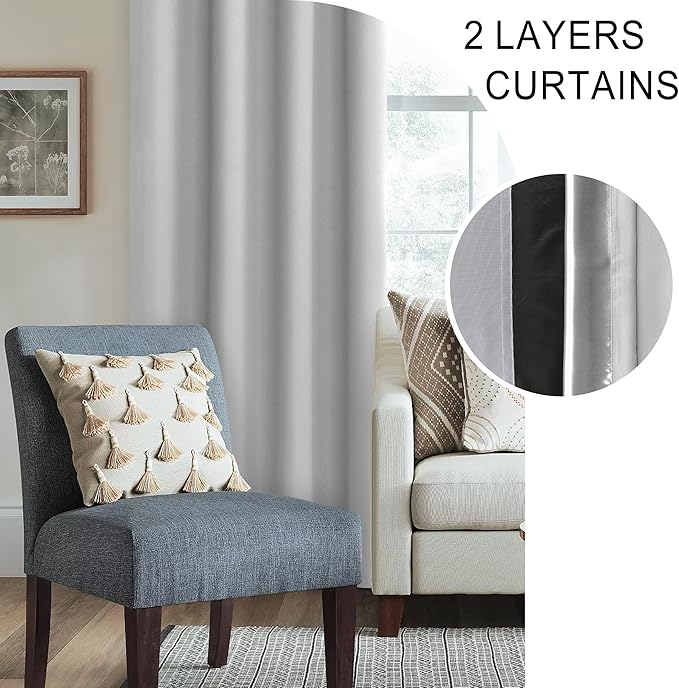 XWZO 100% Blackout Window Curtains - Rod Pocket Thermal Insulated & Completely Room Darkening Black Liner Window Panels with Tiebacks for Bedroom/Living Room, Light Grey, W42 x L54, Set of 2