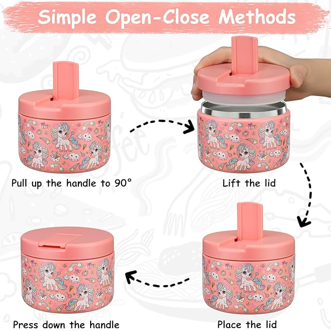 12oz Insulated Vacuum Food Jar with Buckle Lid Wide Mouth Soup Thermo for Hot Food Kids Leakproof Stainless Steel Lunch Container (Pink-Horse)