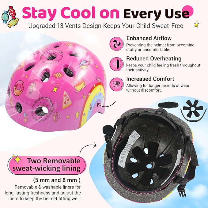 Vvinca Kids Toddlers Bike Helmet Adjustable for Ages 3-5-8 Years, Knee Pads and Elbow Pads Set Wrist Guard Sports Protective Gear Set for Roller Skate Bicycle Skateboard Scooter Girl Boy Birthday Gift