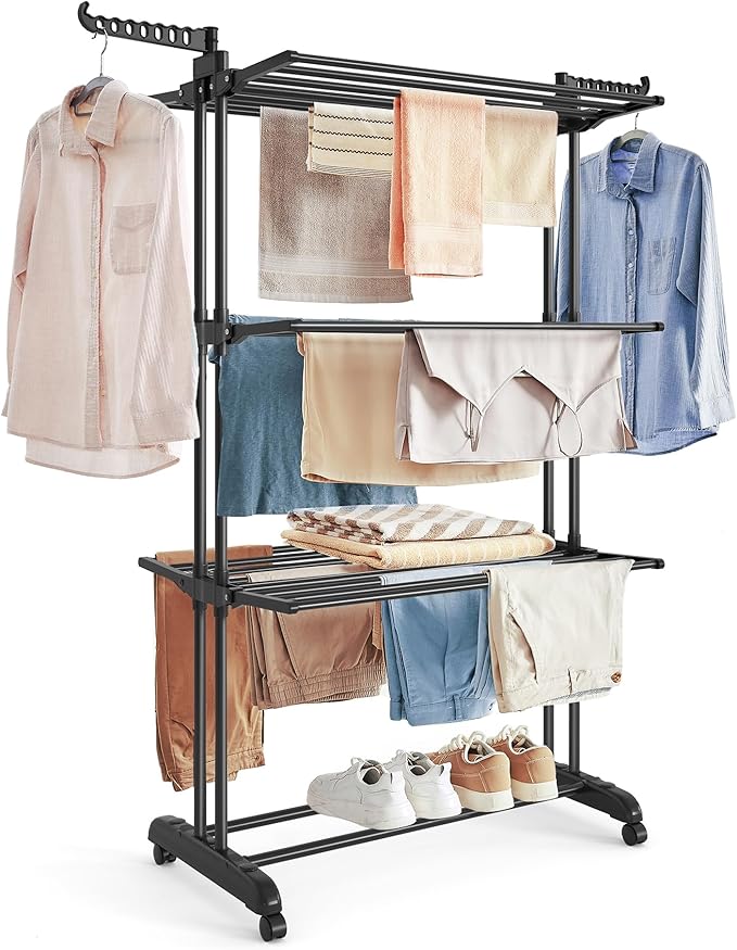 SONGMICS Clothes Drying Rack Stand 4-Tier, Foldable Laundry Drying Rack 68.1-Inch Tall, Stainless Steel, Rolling Clothes Horses Dryer Rack, Easy to Assemble, Indoor Outdoor Use, Ink Black ULLR701B01