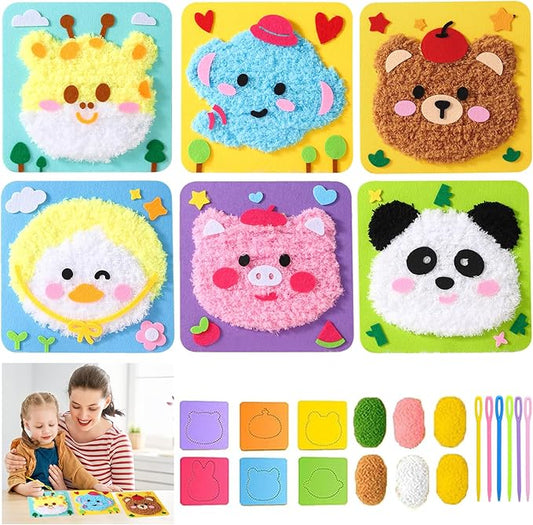 DIY Embroidery Doll Kit, Cartoon Animal Craft Sewing Kit for Kids, Felt Crafts, Beginner Sewing for Kids Ages 4-8 Plus - Helps Develop Fine Motor Skills (6PCS-Deer/Elephant/Bear/Duck/Pig/Panda)