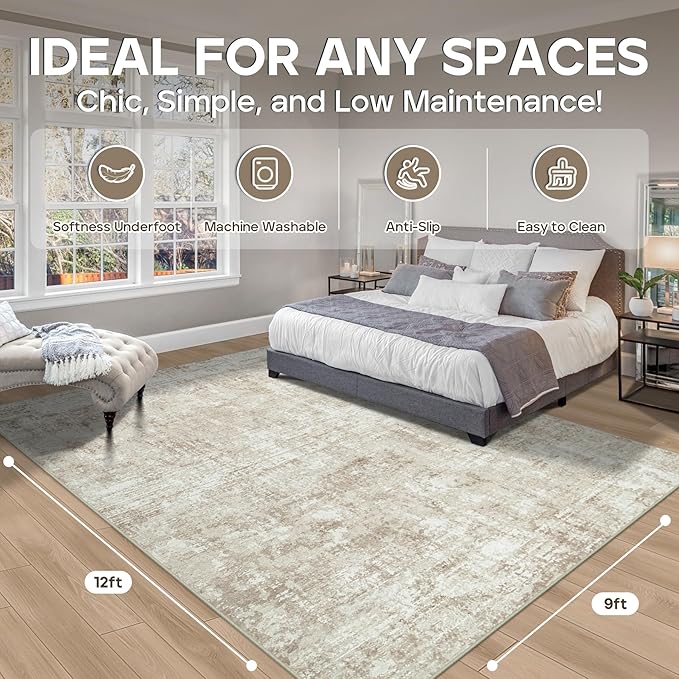 9x12 Area Rugs for Living Room Rug Washable: Modern Large Rug for Dining Room Bedroom Carpet Non Slip 9 by 12 Indoor Abstract Nursery Home Office Beige