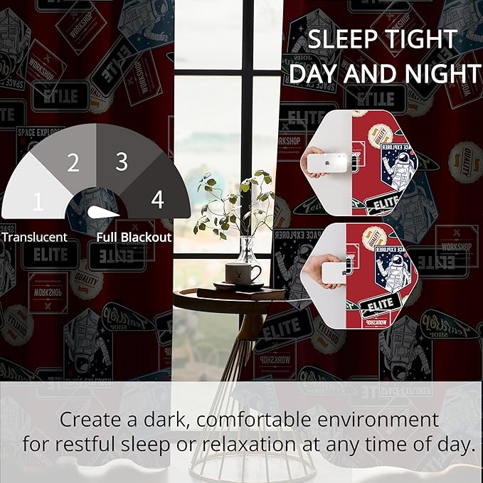 Kids Space Astronaut Blackout Curtains - 100% Blackout, Thermal Insulated, Noise Reducing, Perfect for Kids Room and Nersurys, 2 Panels (Space Badge Crew, W52×L63)