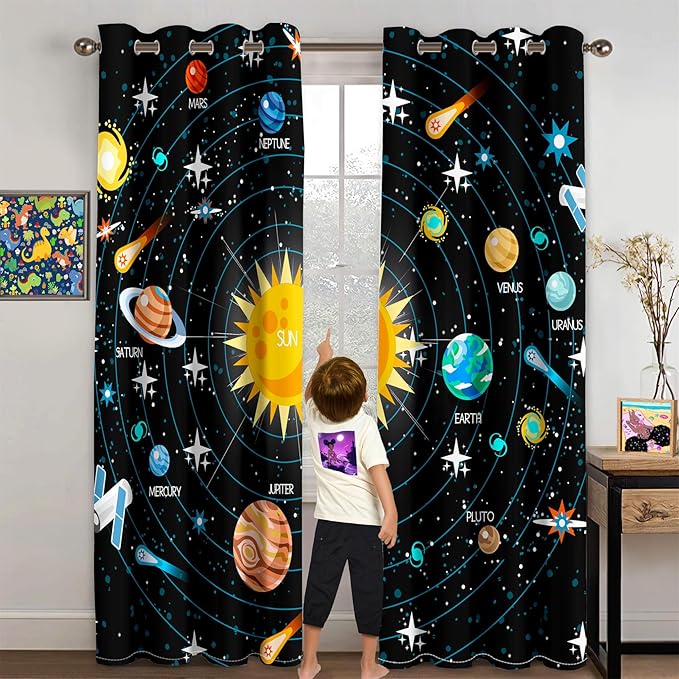 Outer Space Curtains for Boys - 2Pcs Solar System Print Curtain Panels for Boys Bedroom Planets Galaxy 95% Blackout Grommet Top Window Drapes for Living Room, 82" x 84"