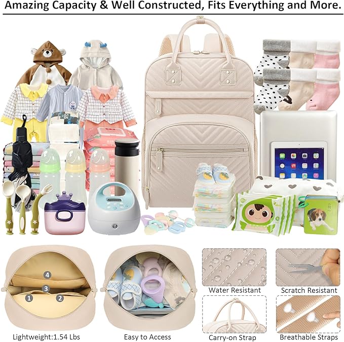 Diaper Bag Backpack Tote for Women Large Capacity, Baby Bag with Insulated Pockets Multifunctional Diaper Bags For Baby Girl Boy Waterproof Baby Bags For Boys Girls Maternity Bag Beige