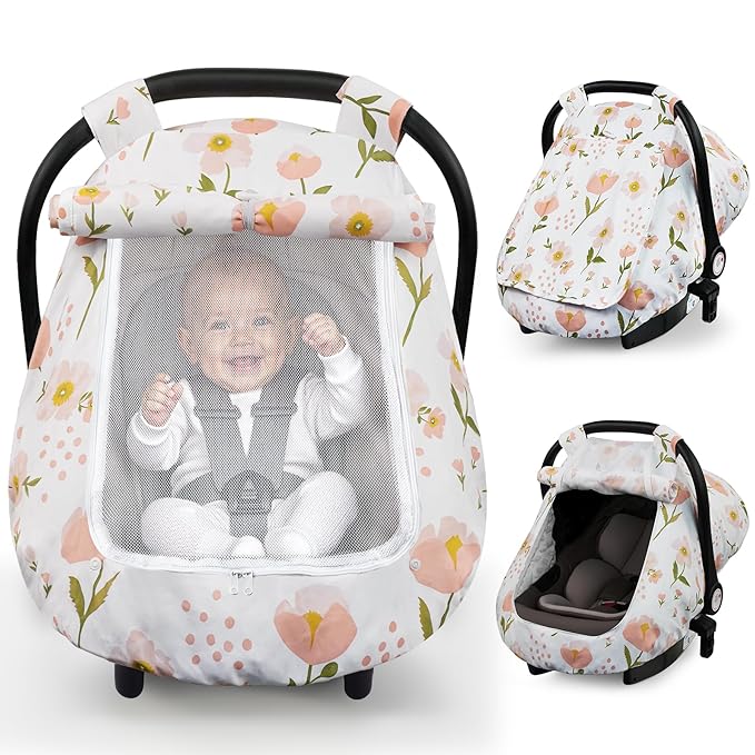 Elstey Car Seat Cover Baby, Minky Dot Carseat Covers Baby Girls, Lightweight Infant Car Seat Cover Canopy with 2 Layers Breathable Mesh Windows, Stroller Carrier for Babies Newborn Essentials