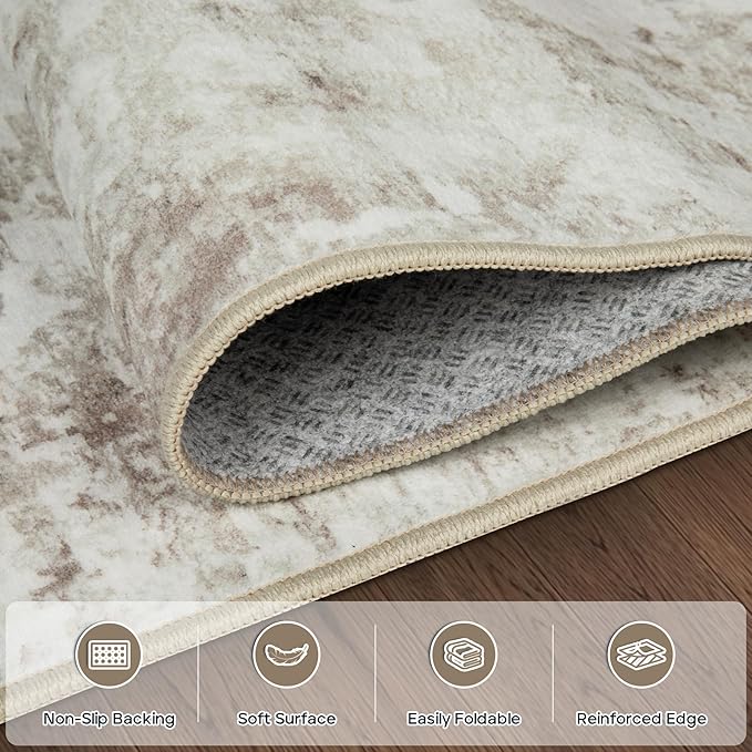 Runner Rug for Hallways Kitchen 2'6"x8' Washable, Non Slip Carpet 8ft Area Rugs Entryway Rubber Backed 8 Feet Neutral Abstract Modern Low Pile Indoor Beige