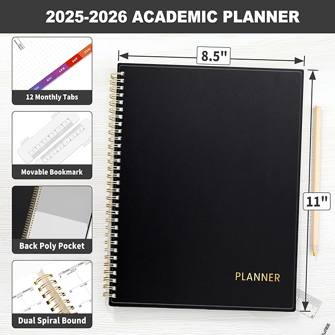SUNEE Academic Planner 2025-2026 Weekly and Monthly, July 2025-June 2026, 8.5"x11", Tabs, Note Pages, Pockets, Bookmark, Flexible Cover, Spiral Binding, Black