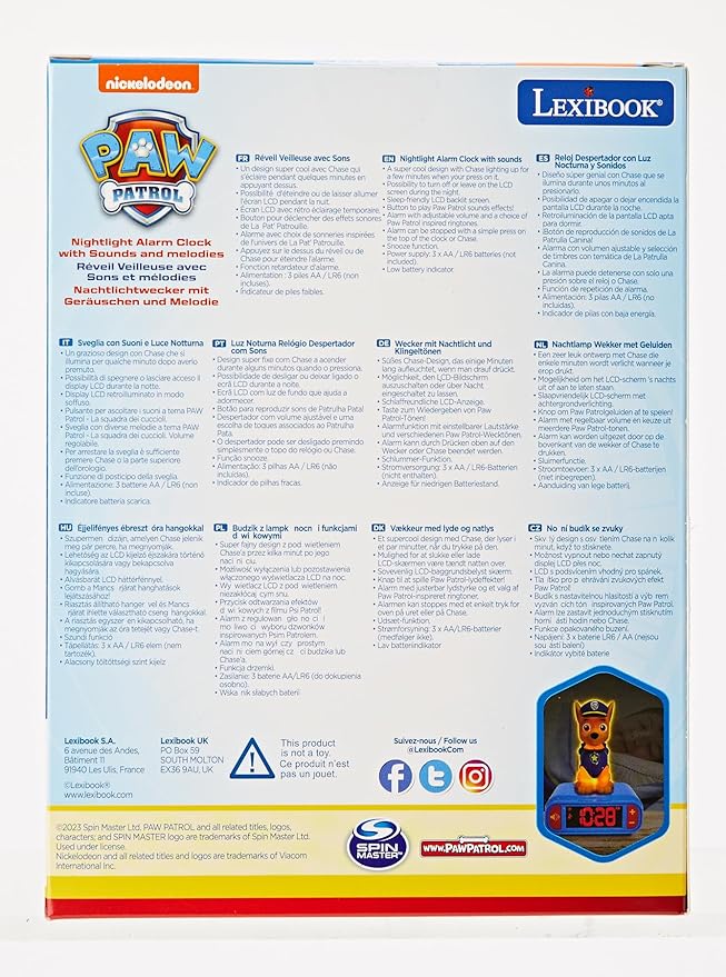 LEXiBOOK - Paw Patrol Chase Digital Alarm Clock with Night Light - Snooze Function - Dog Sound Effects - for Children/Kids - Luminous Clock with Chase, Blue/Red - RL800PA