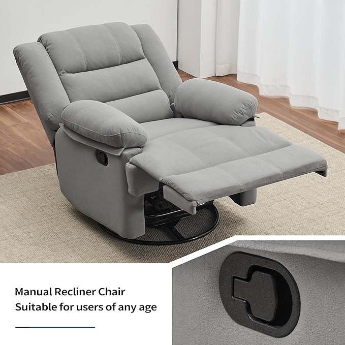 Swivel Rocking Recliner Chair for Adults, Overstuffed Manual Glider Rocker Recliner Chairs, Upholstered Reclining Single Sofa for Living Room Nursery (Light Grey)