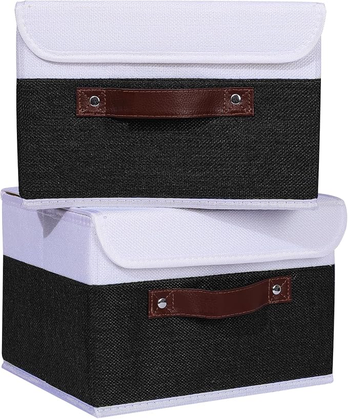 ANMINY 4PCS Storage Boxes with Lid Washable Decorative Storage Bins Basket with PU Leather Handle Foldable Linen Fabric Storage Cubes Containers for Home Closet Organizer - Black White, Small Size