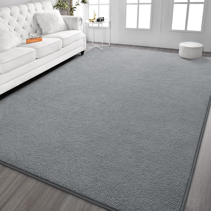 Kimicole 7x10 Washable Area Rugs for Living Room Bedroom, Large Low Pile Ulta-Thin Solid Color Rug, Non-Slip Soft Fluffy Carpet for Nursery Kids Room Dorm Room Home Decor (Grey)