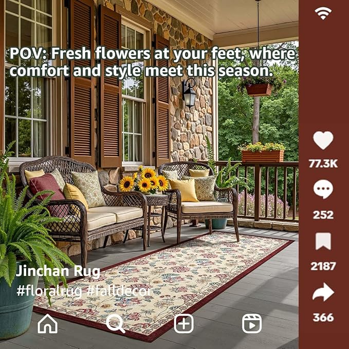 jinchan 3x8 Floral Runner Rug for Hallway Washable Kitchen Runner Vintage Romance Design Non Slip Thin Indoor Floor Cover Low-Profile Throw Carpet for Entryway Bathroom Bedroom Porch, Red/Beige