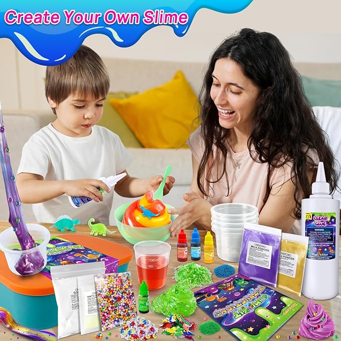 Dinosaur Slime Kit for Girls, Glimmer Crunchy, Galaxy Slime Making Kit for Kids 6-12, Glow in The Dark DIY Slime Kit with Add-ins, Foam Balls, Charms, Glitters, Dinosaur Gift Toys
