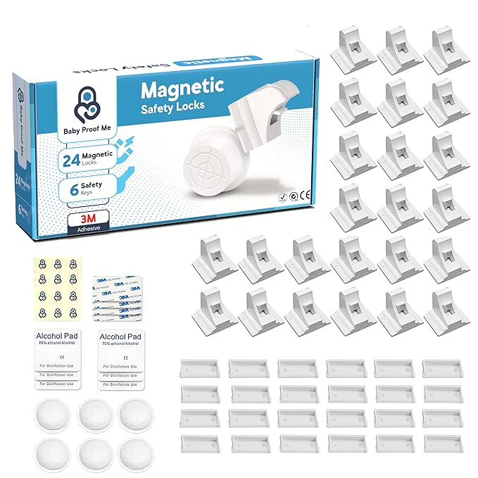 Magnetic Safety Lock Kit 24 Locks + 6 Keys, 3M Adhesive Easy Installation, Baby Proofing Magnetic Locks for Cabinets and Drawers