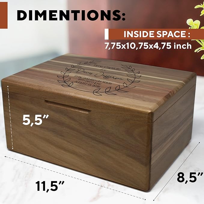 Time Capsule Box 1st Birthday - First Birthday Keepsake Gifts for Babies, Custom First Memory Time Capsule Box with Hinged Lid, Personalized Gift for New Parents, Acacia Wood Storage, 11.5x8.5x5.5 in