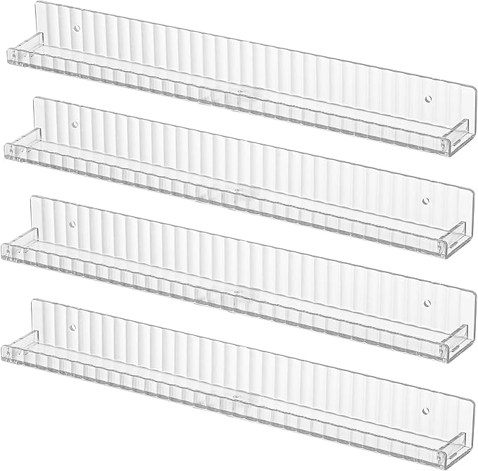 IEEK Floating Book Shelf for Wall,4 PCS Clear Acrylic Wall Bookshelf for Kids Room,Vertical Stripes Display Shelf with Removable Anti-Slip End Inserts for Bedroom Living Room Nursery Decor and Storage