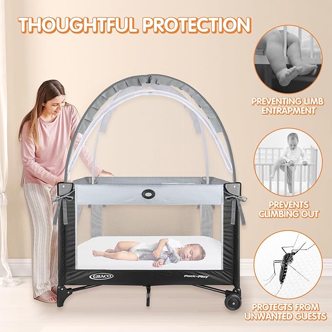 Pack N Play Tent - Mini Crib Tent to Keep Baby from Climbing Out - Crib Net to Keep Baby in - Pop Up Breathable Cribs Cover - Canopy with Upgrade Strong Mesh and Durable Zipper (Gray, Small)