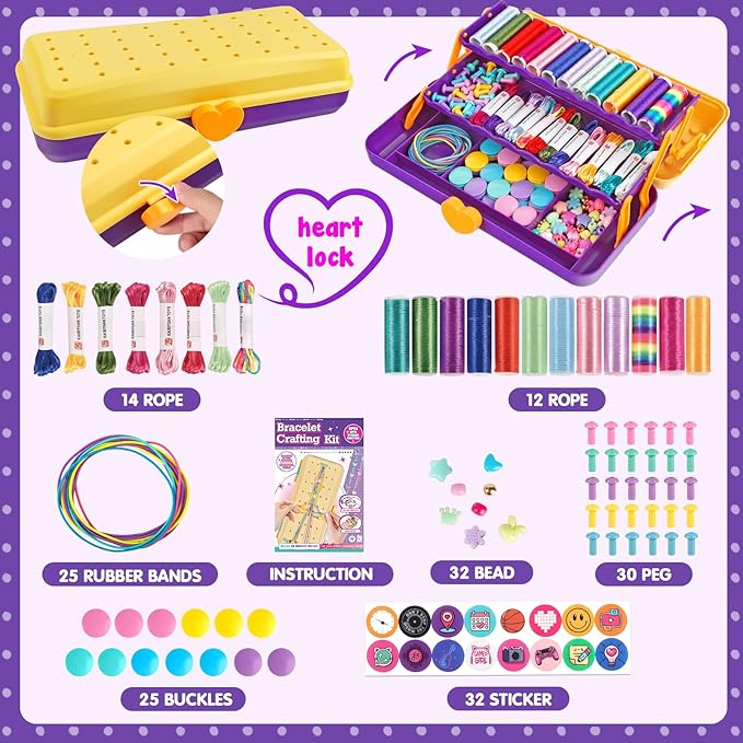 Friendship Bracelet Making Kit with Storage Box,DIY String Bracelet Arts and Craft for Girls Aged 8-12,Kids' Travel Activity Toy Set,Birthday Gifts for Ages 6 7 8 9 10 11 12 Year Old (Yellow/Purple)
