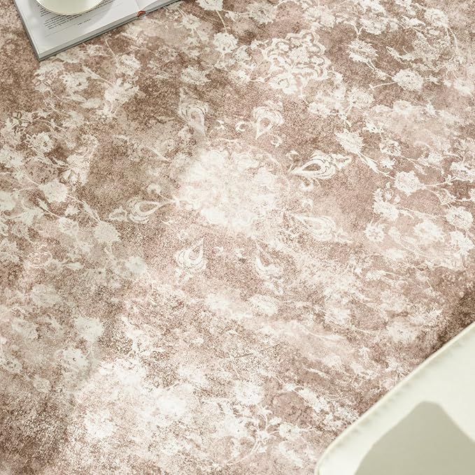 jinchan Round Rug 4ft Area Rug - Brown Vintage Floor Mat Kitchen Indoor - Washable Circle 4' Thin Floral Print Carpet Retro Farmhouse Non Slip Dining Room Living Room Bedroom Office