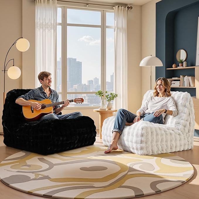 Modern Bean Bag Chair, Large Bean Bag Couch for Adults with Memory Foam Filled, Soft Faux Bunny Fur Lazy Chair for Living Room Bedroom Dorm Apartment, No Assembly Required, Black