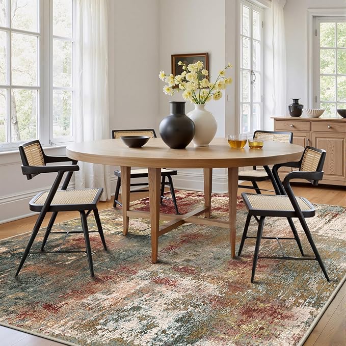 Washable Area Rugs 7'x9' Non-Slip Modern Abstract Soft for Living Room Entryway Bedroom Nursery, Print Pattern, Brown Rust Red Multi