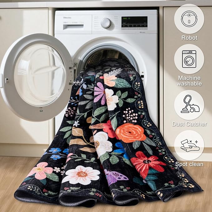 10x12 Area Rugs for Living Room: Floral Washable Rug Vintage Large Soft Boho Non-Slip Carpet Stain Resistant Low Pile Carpets for Bedroom Dining Room Farmhouse Nursery Hallway Home Office Black