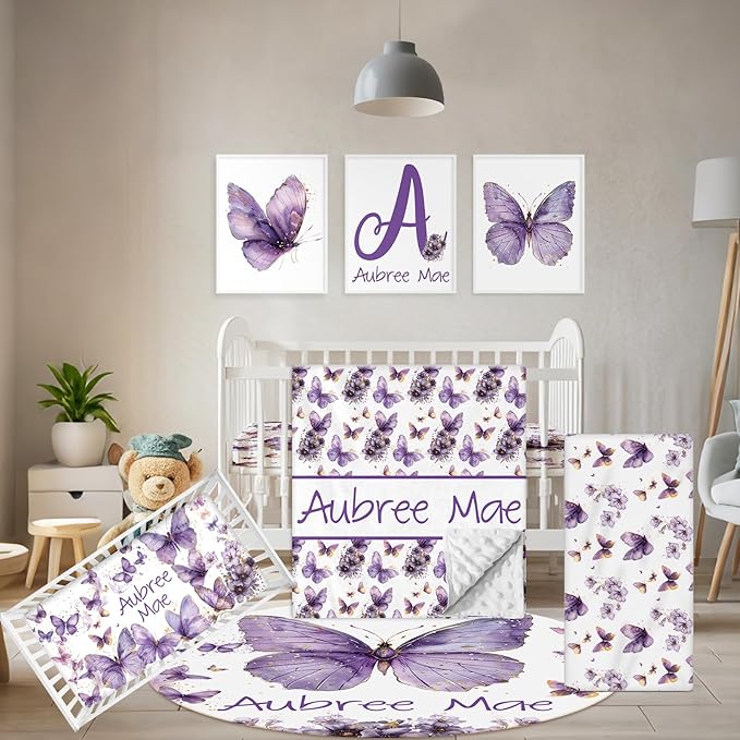 Personalized Baby Bedding Set, 5 Pcs Custom Toddlers Bedding Set with Infant Name, Soft Double Layer Nursery Crib Set for Girls Boys, Customized Infants Gifts for Baby Shower, Purple Butterfly