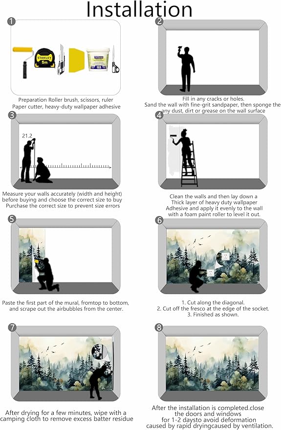 Green Watercolor Forest Wallpaper Woodland Nature Landscape Wall Mural for Living Room Bedroom Dining Room Office(Not Self-Adhesive)