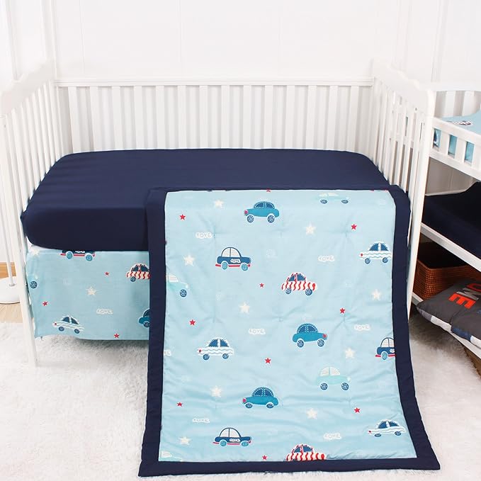 CaSaJa Baby 3-Piece Crib Bedding Set for Boys Girls, Including Soft Quilted Comforter(Blanket), Fitted Crib Sheet and Skirt, Soft Nursery Bedding Set Made of Silky Comfy Materials, Love Cars